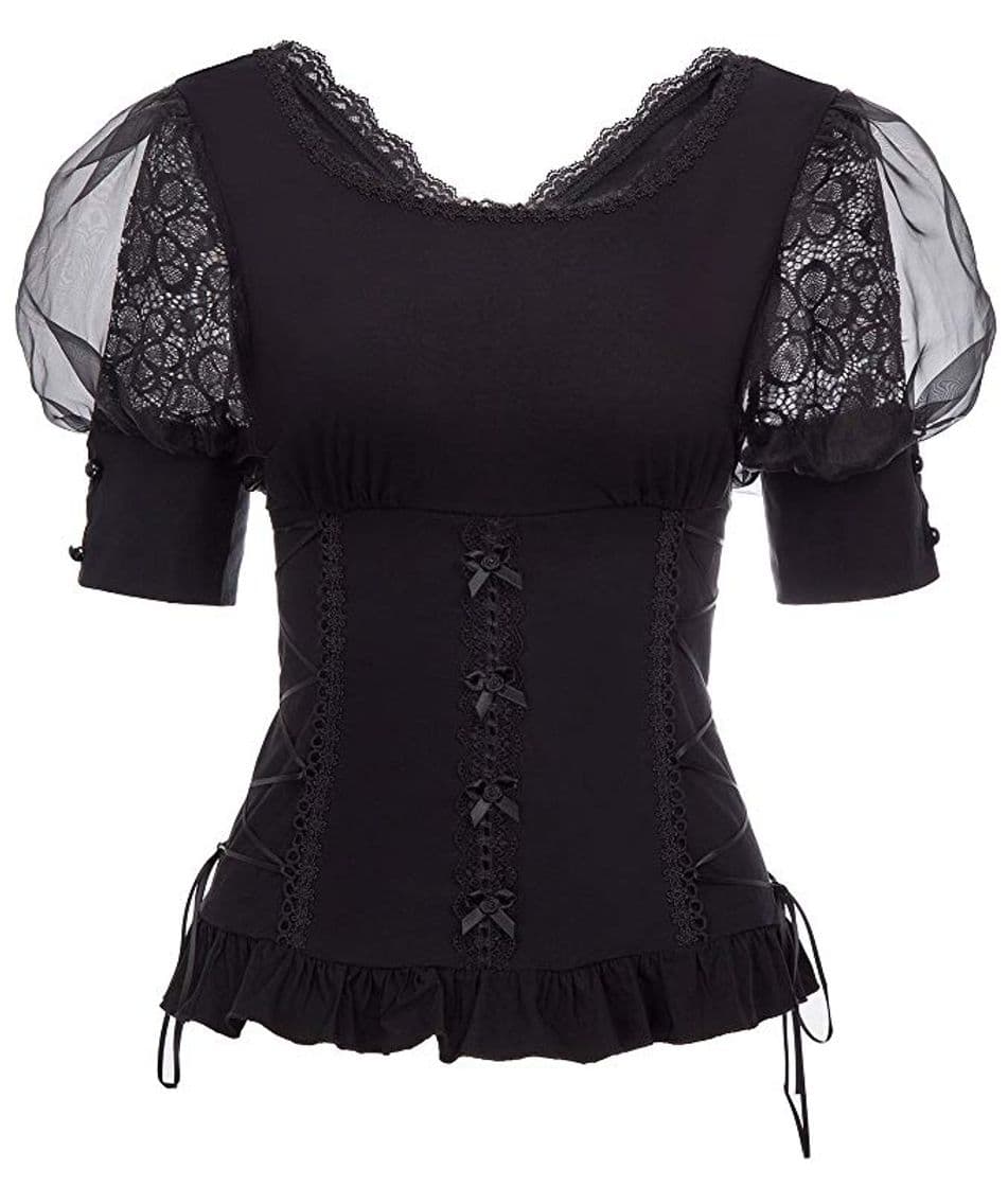 Fashion Blusa Victoriana Mujeres Gothic Lolita High Retro Vintage Top Manga Larga Botones Pajarita Jabot Collar de Encaje Recto Tamaño XL Negro