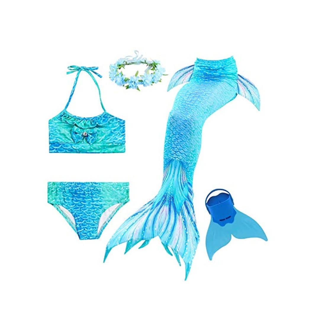 Moda Romance Zone Cola de Sirena para Natación 5pcs Traje de Baño Mermaid Bikini Establece Disfraz de Sirena para Niña Princesa Cosplay Conjuntos con Diadema de Flores y Monofín