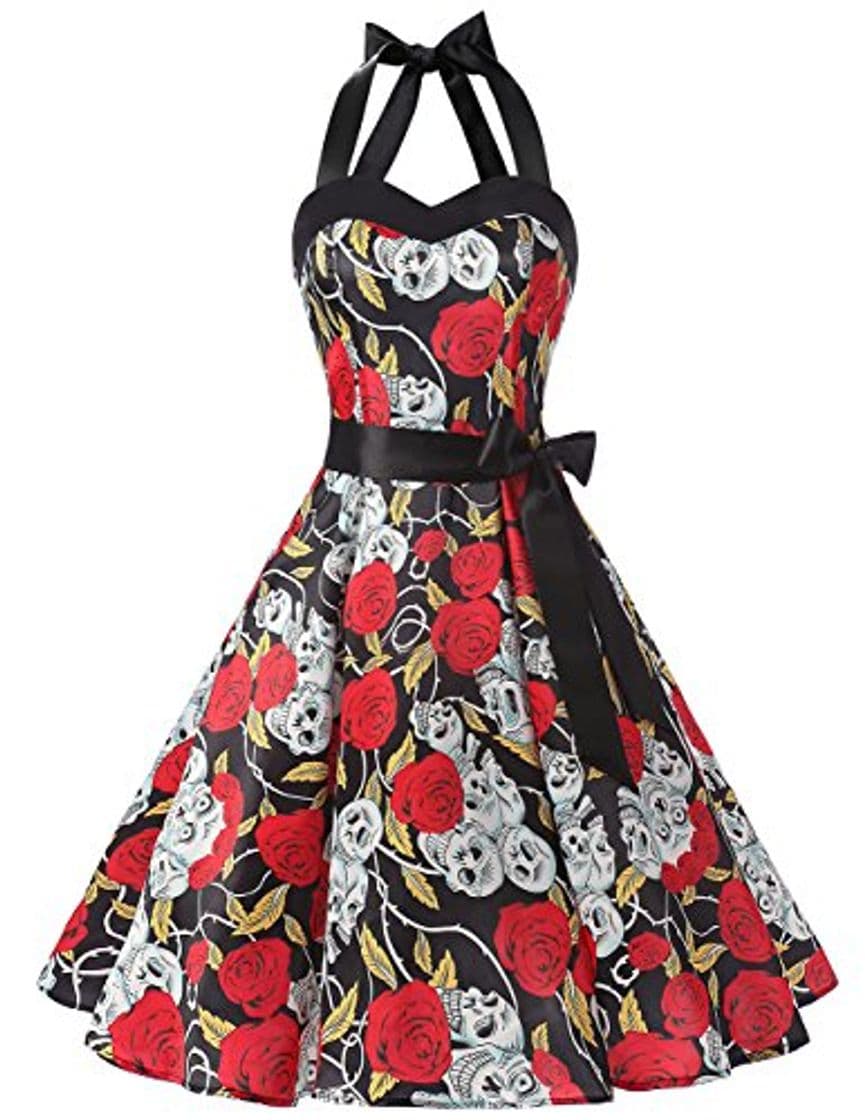 Product Dresstells® Halter 50s Rockabilly Polka Dots Audrey Dress Cosplay Halloween Dress Black Skull S