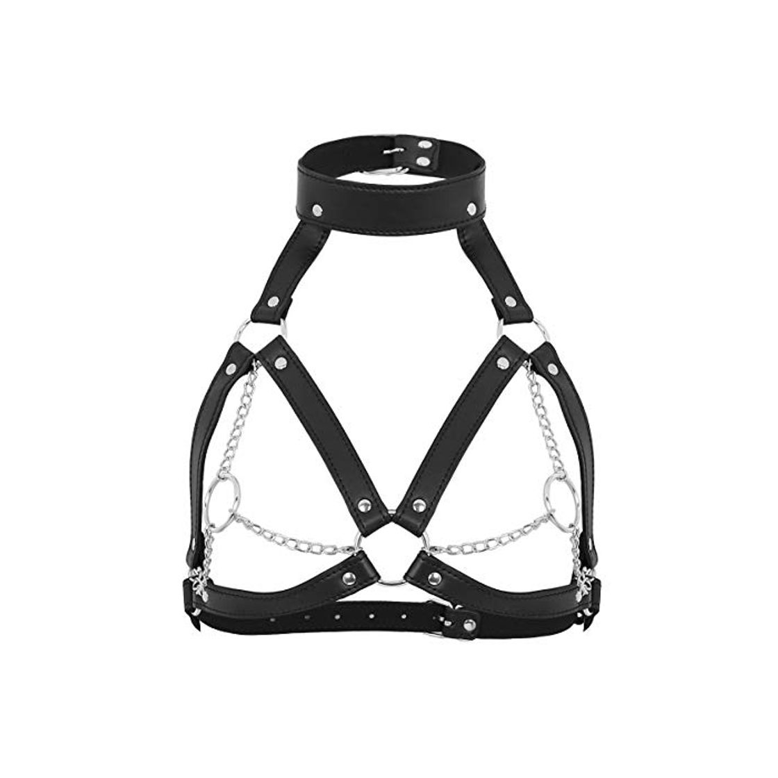 Moda iiniim Arnés de Pecho Cuerpo Mujer Arnés Jaula de PU Cuero Bralette Correa Hebillas Ajustabl con Anillos Cadena Metal Tirantes de Leather Cinturón Estilo Steampunk Goth Negro Talla Unica