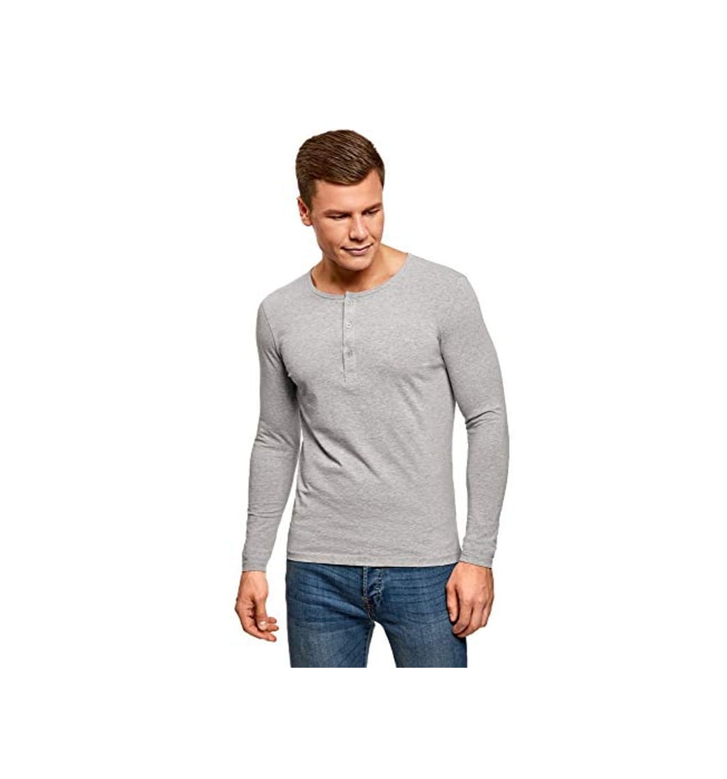 Moda oodji Ultra Hombre Camiseta Henley de Manga Larga, Gris, ES 44