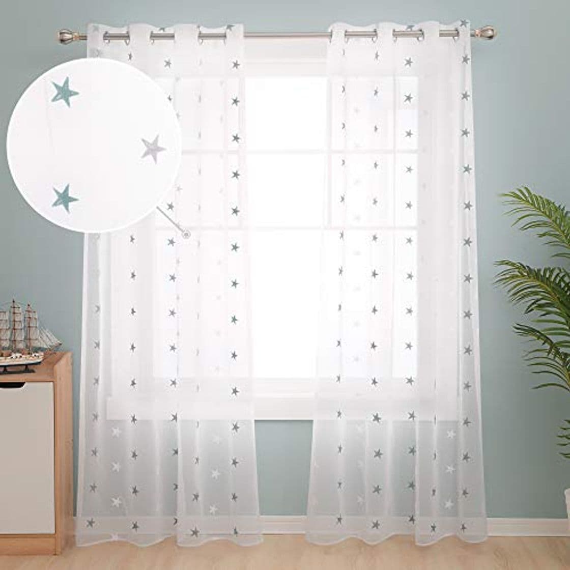 Product Deconovo Visillos para Ventanas Gasa Efecto Lino Cortina Transparente para Habitación Bebe Infantil 2 Paneles 140 x 245 cm Azul Verde