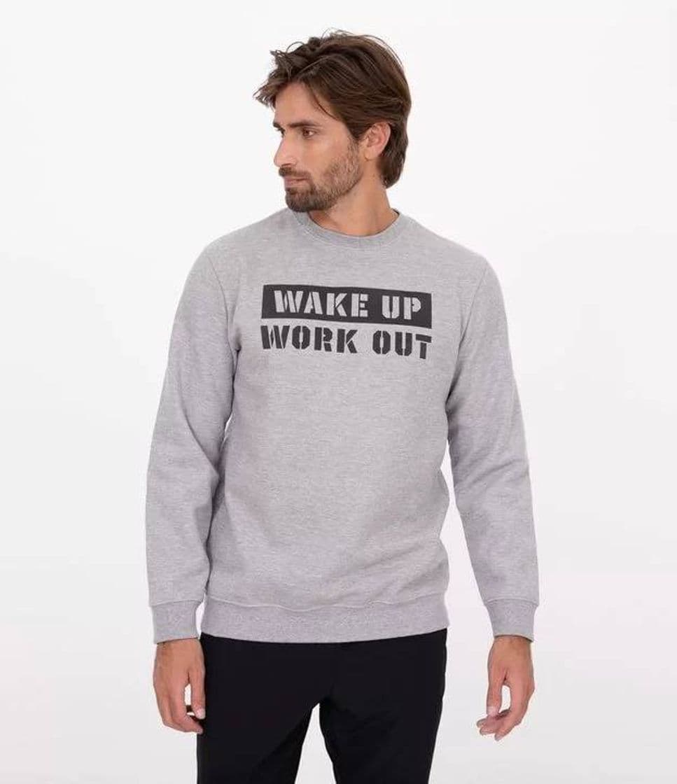 Moda Blusão Esportivo em Moletom Estampa Wake Up Work Out Cinza