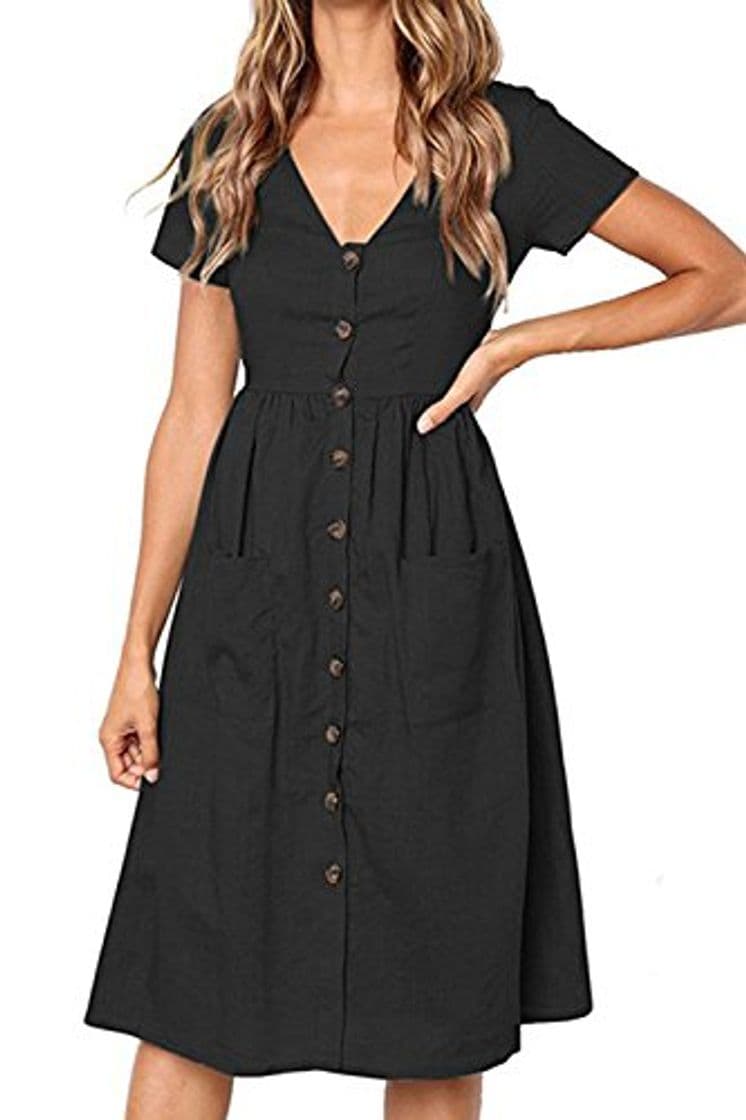 Moda Mujeres Midi Verano Casual Vestido con Bolsillos Y Botones Fecha Desgaste Black S