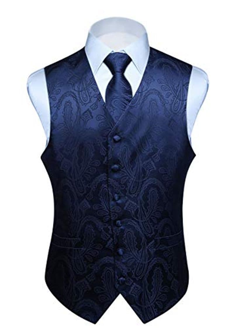 Moda HISDERN Chaleco y Corbata de Jacquard Floral Paisley Clasico para Hombre y Traje de Chaleco Cuadrado de Bolsillo