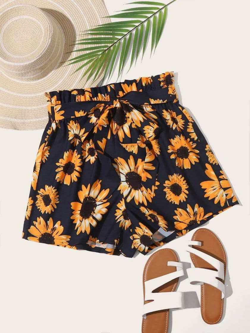 Fashion Short con estampado de Girasol 🌻 de cintura con volante