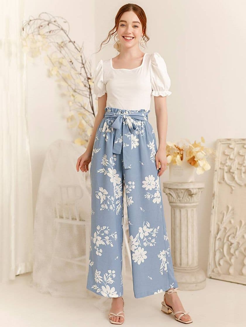 Moda Pantalones cinta floral Neblina zul Bohemio