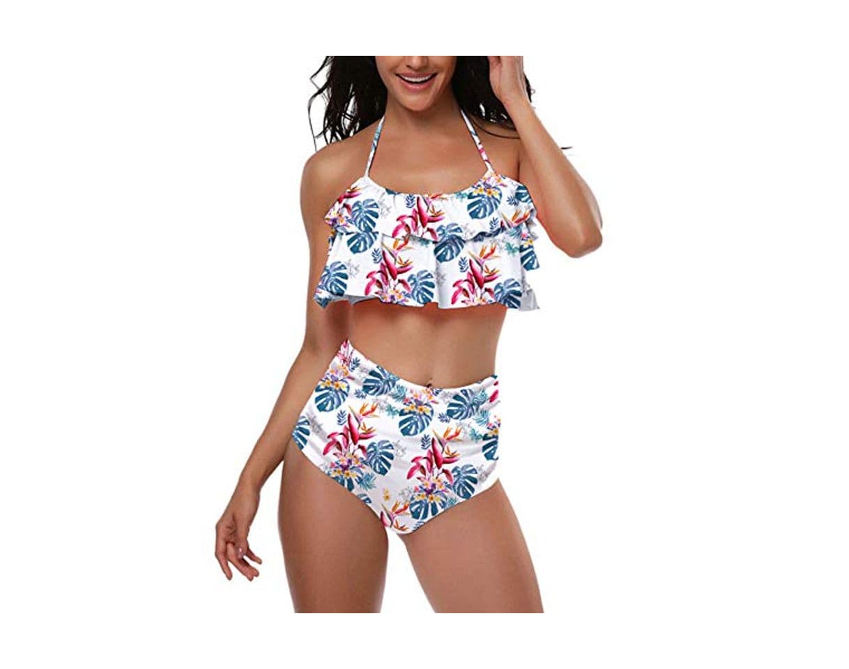 Fashion Más el tamaño de Dos Piezas Trajes de baño de Las Mujeres Traje de baño de Cintura Alta Traje de baño para Las Mujeres Halter Ruffle Traje de baño Maio Feminino Praia XL