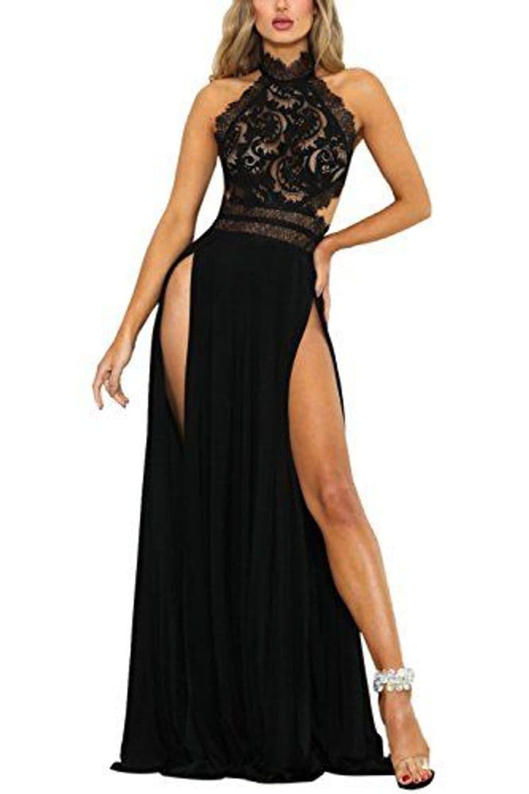 Moda Vestido de Fiesta Sexy Mujer Largo de Encaje Elegante Laterales Aberturas Bodycon Sin Mangas de Noche Fiesta Banquete Cóctel Negro XL