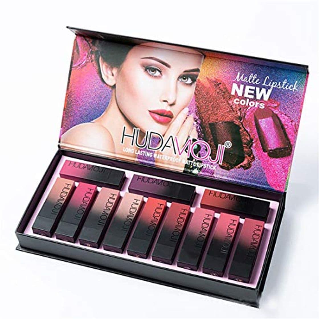 Producto Set de maquillaje Lápiz labial Huda MOJI 12Pcs Lápices labiales Multicolores Taza antiadherente de larga duración Glamour Velvet Nutritivo Mate Lápiz labial hidratante suave Herramienta profesional