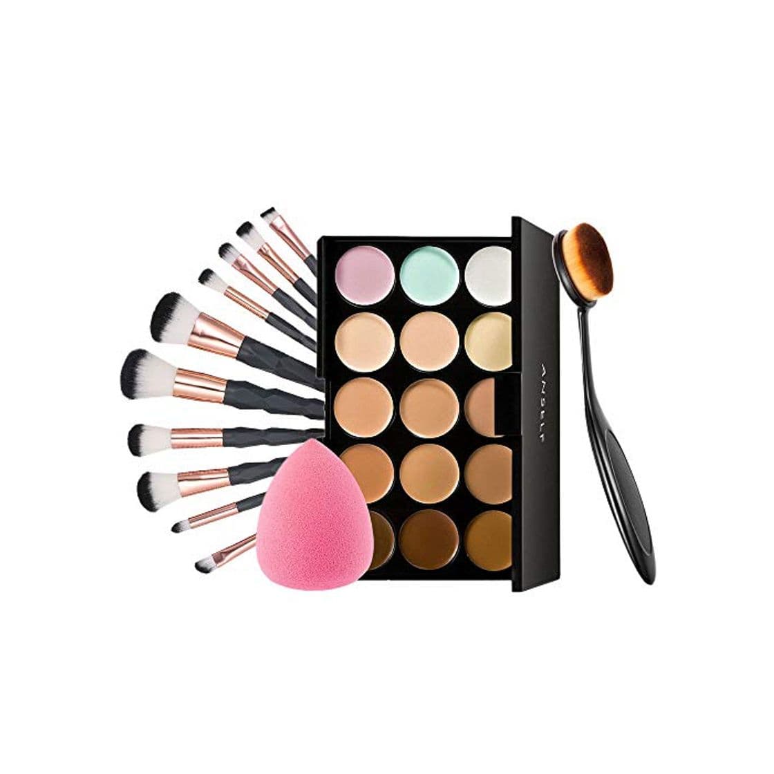 Producto Anself Paleta de Correctores de 15 Colores 10 Pcs Brochas de Maquillaje Set con Un Pincel de Maquillaje y Una Esponja Ovalada