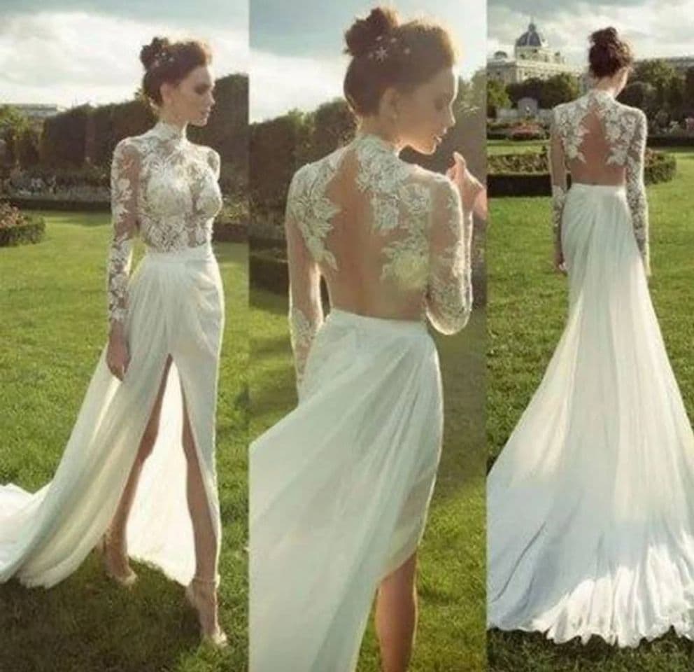 Fashion Vestidos de novia encaje manga larga larga