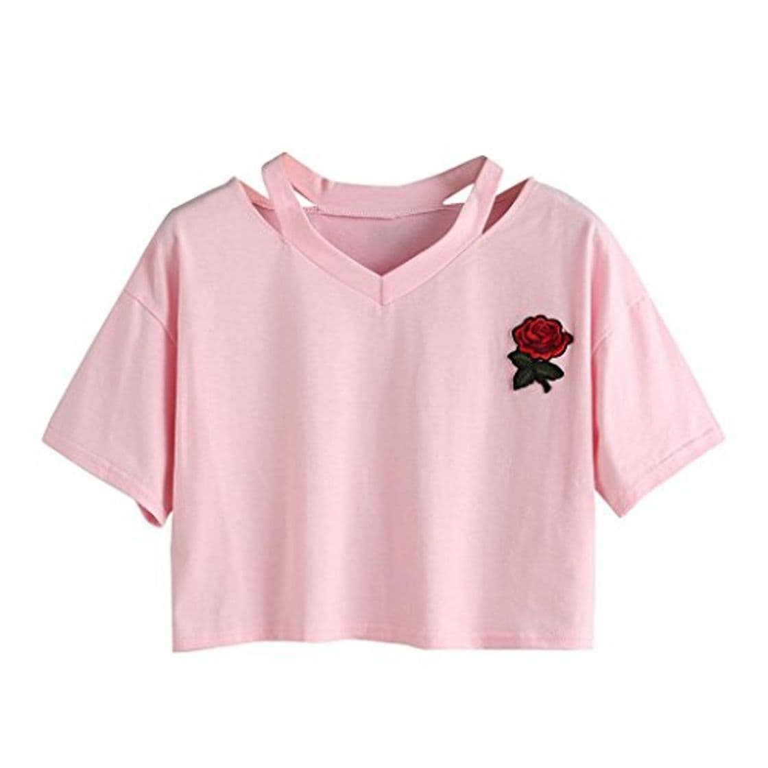 Place Goodsatar Mujer Rosa Manga Corta Casual Camiseta Mezcla de algodón Cuello en