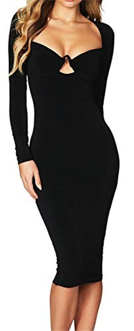 Product Manga Larga Underwire Keyhole con Aberturas Delantera Midi a Media Pierna Bodycon de Tubo Ajustado Lápiz Vestido Negro S