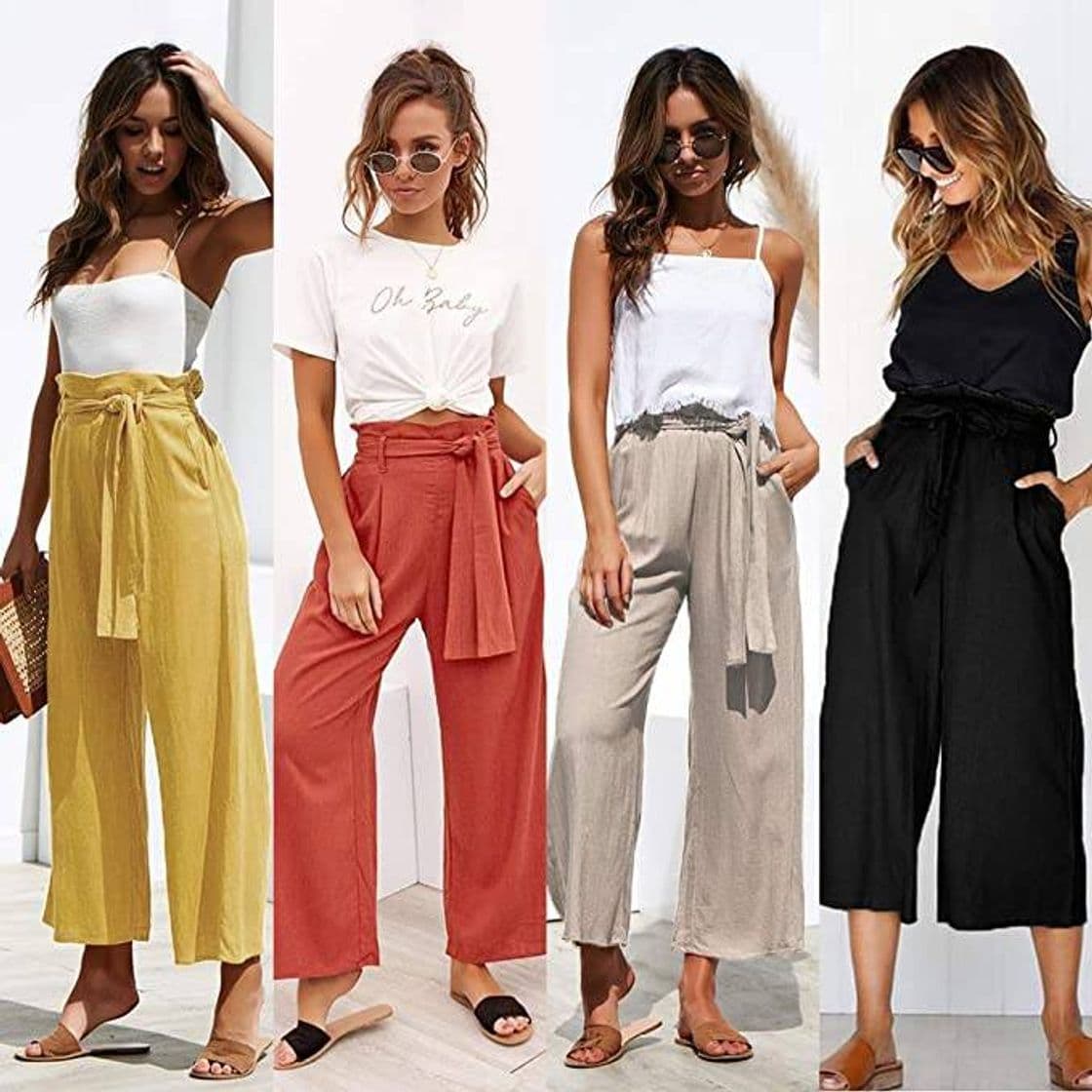 Product Laisla fashion Pantalones Anchos De Mujer Pantalones Largos De Clásico Verano De Cintura Alta Cintura Elástica Pantalones Casuales con Bolsillos Y Cinturón Moda 2020 Ropa De Mujer