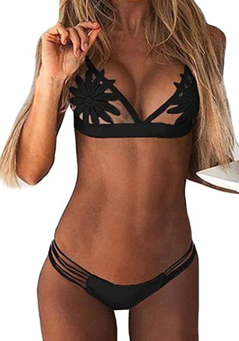 Producto DELEY Mujeres Malla Traje De Baño Triángulo Bikini Brasileño Bordado De Flores Hueco Tangas Swimsuit Negro Tamaño XL