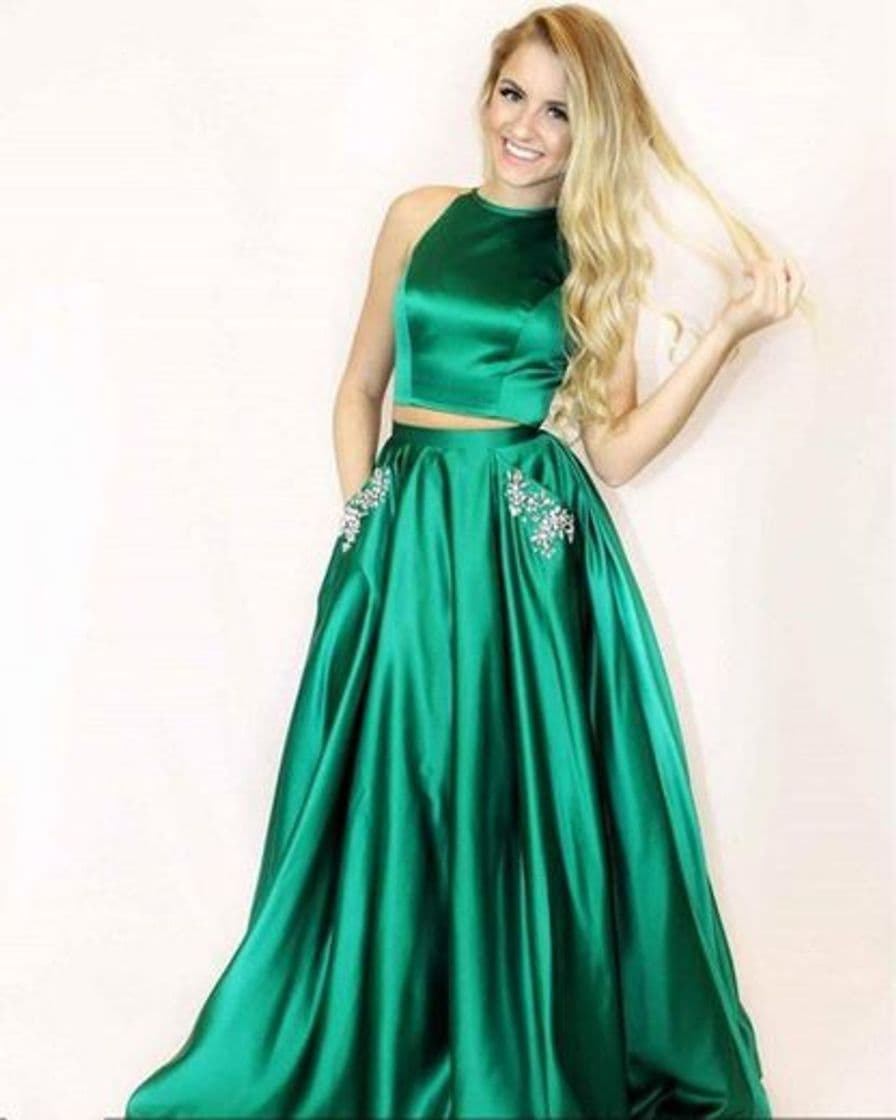 Moda Two Piece Satin Halter Green Prom