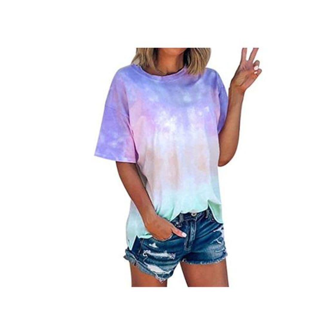 Fashion Puimentiua Camiseta Casual de Tie Dye para Mujer Blusa Top de Manga Corta de Verano de Color Gradiente