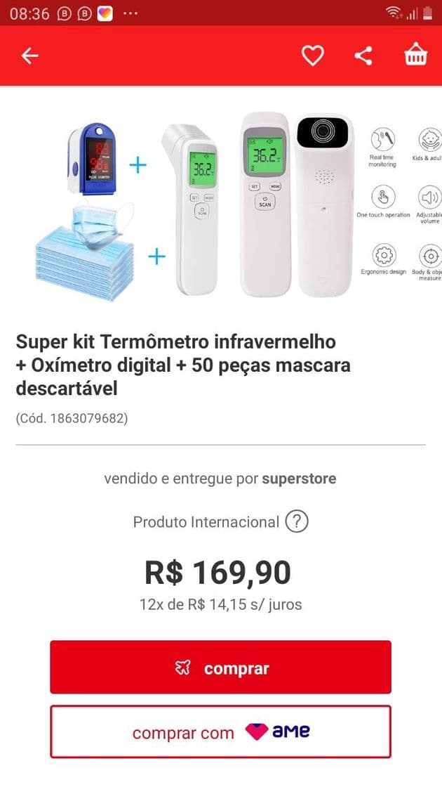 Fashion Super kit Termômetro infravermelho + Oxímetro digital + 50 peças ...