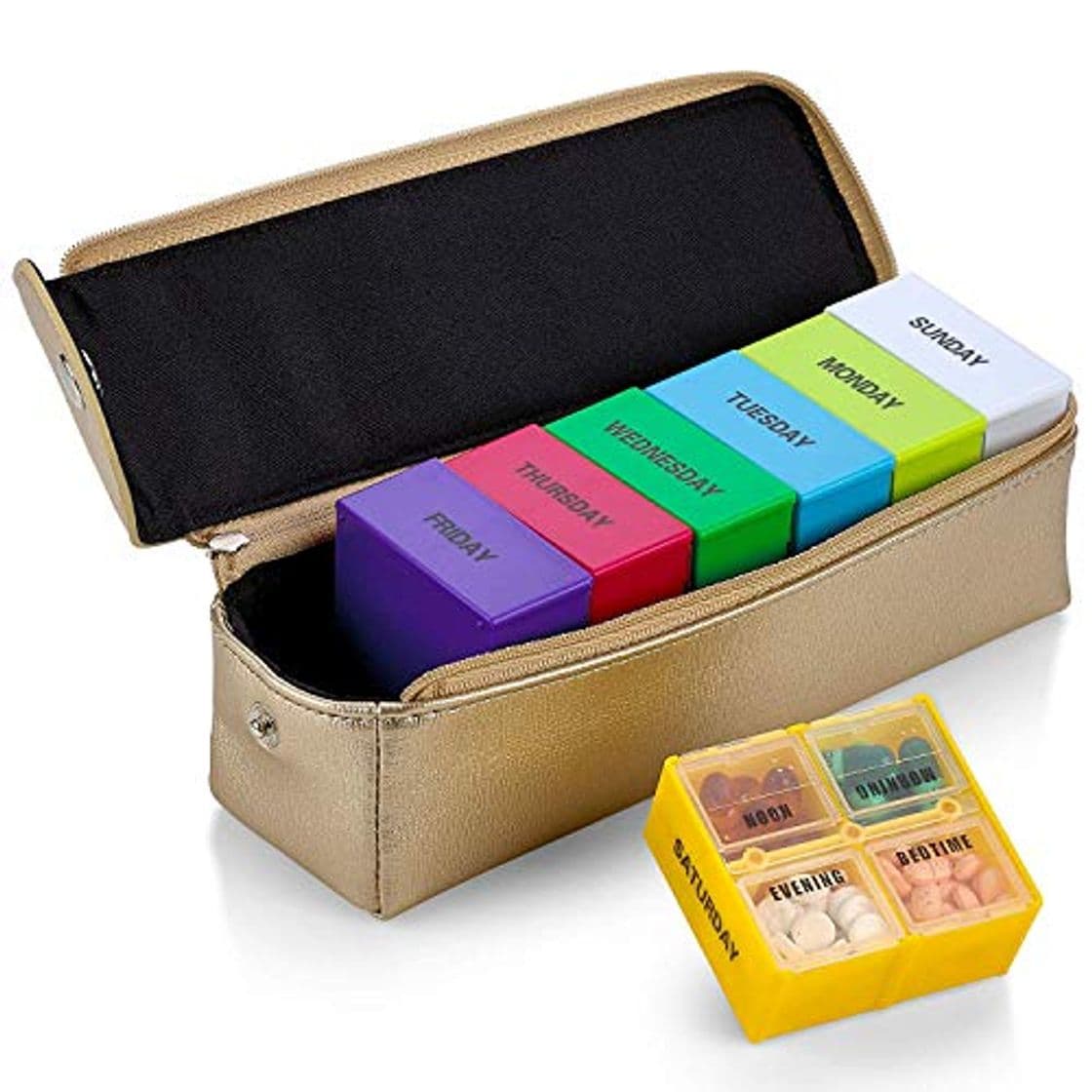 Producto Organizador de pastillas grande en estuche de cuero dorado - Organiza y