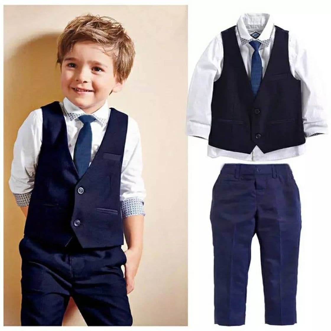 Moda Elegante traje azul corbata y chaleco niño 👦 