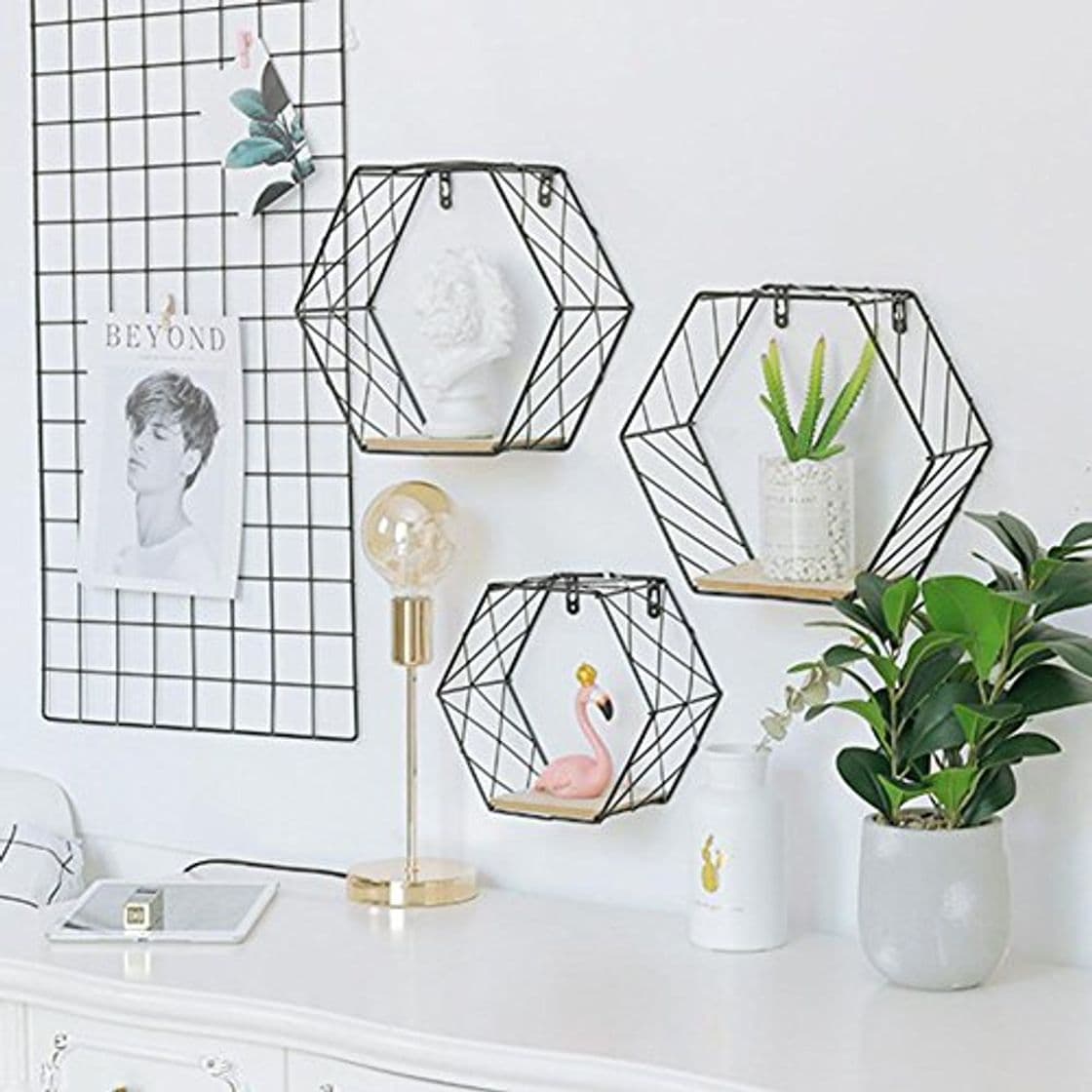 Producto Estante de pared de hierro geométrico hexagonal para colgar en la pared