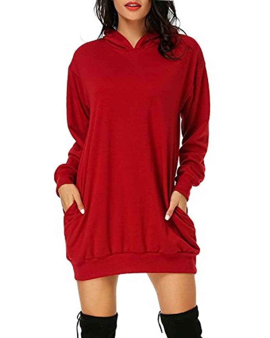 Product Auxo Sudaderas con Capucha para Mujer Jersey de Manga Larga Bolsillos Casuales de Gran tamaño sólidos Sudadera con Capucha túnica Mini Vestido Tops Largos con Capucha Rojo Vino Small