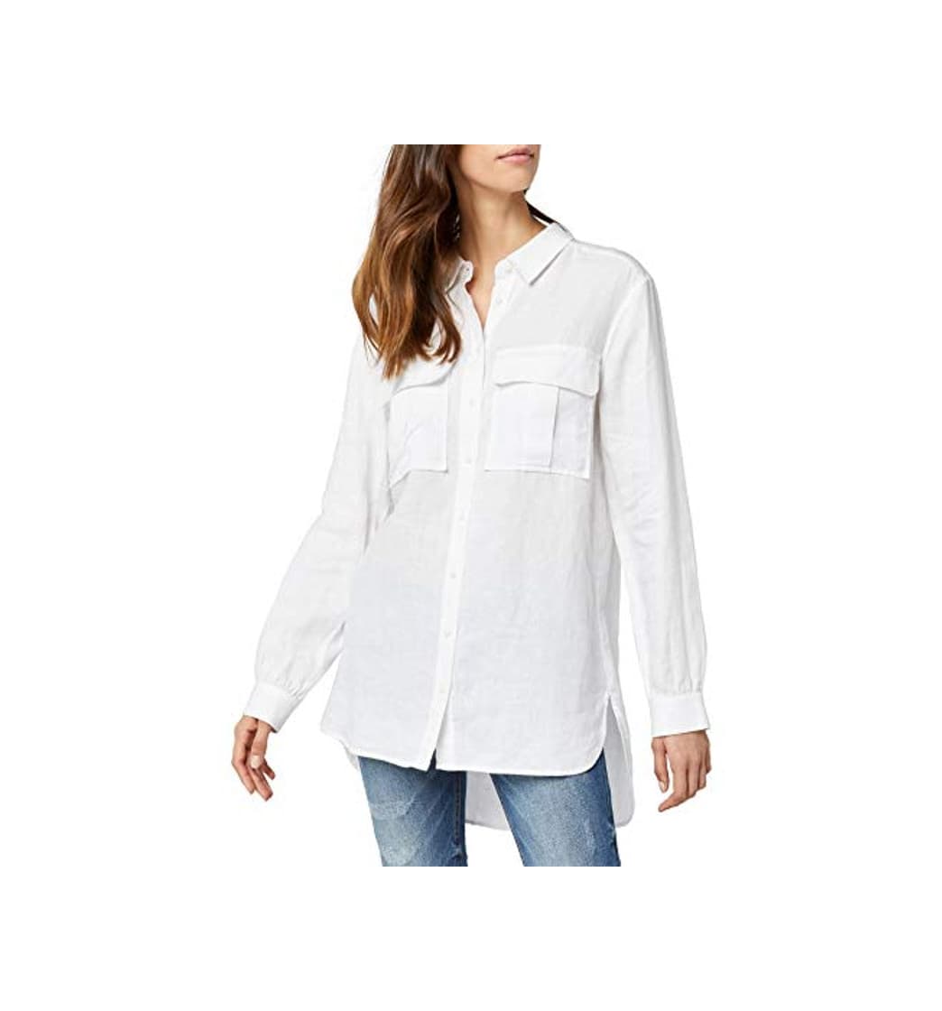 Fashion Marca Amazon - find. Camisa de Lino de Manga Larga Mujer, Blanco