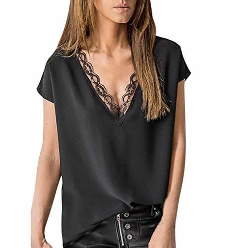 Fashion Tops de Mujer Encaje Cuello en V Corto Mangas Negro Sueltos Crop