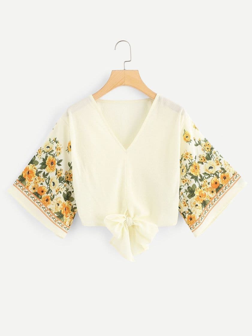 Fashion Floral Print Knot Hem Blouse