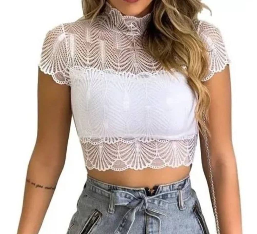 Moda Blusa cropped gola alta renda✨❤️