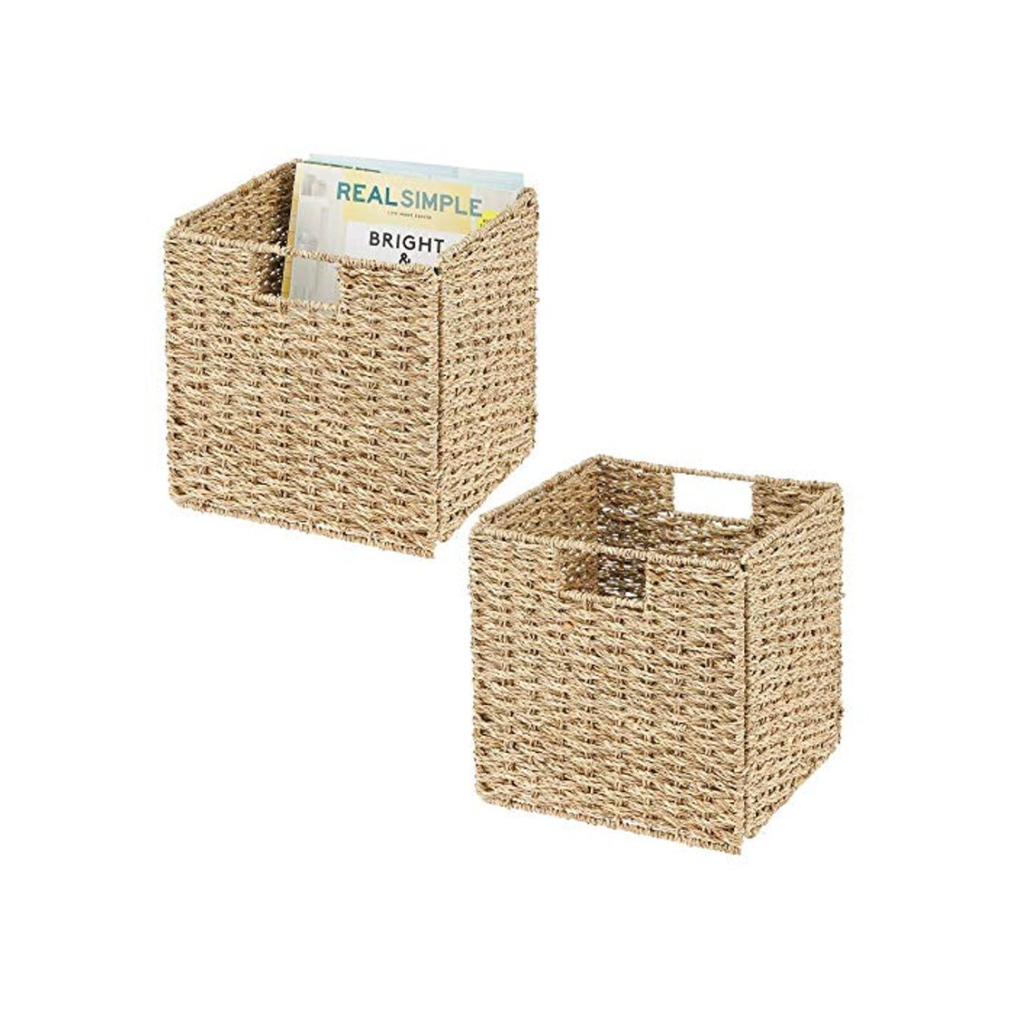 Producto mDesign Juego de 2 cajas de almacenaje – Cajas organizadoras plegables hechas de junco marino – Cestas de almacenaje con patrón trenzado – Ideales para estanterías cuadradas – color bambú