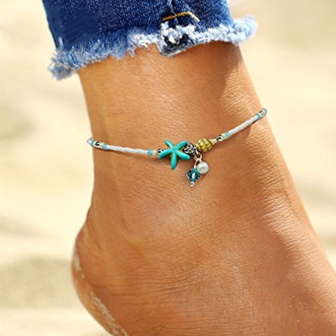 Moda lnlyin Conch Estrella de mar Colgante Arroz Bead del pie clásica Yoga playa cadena)