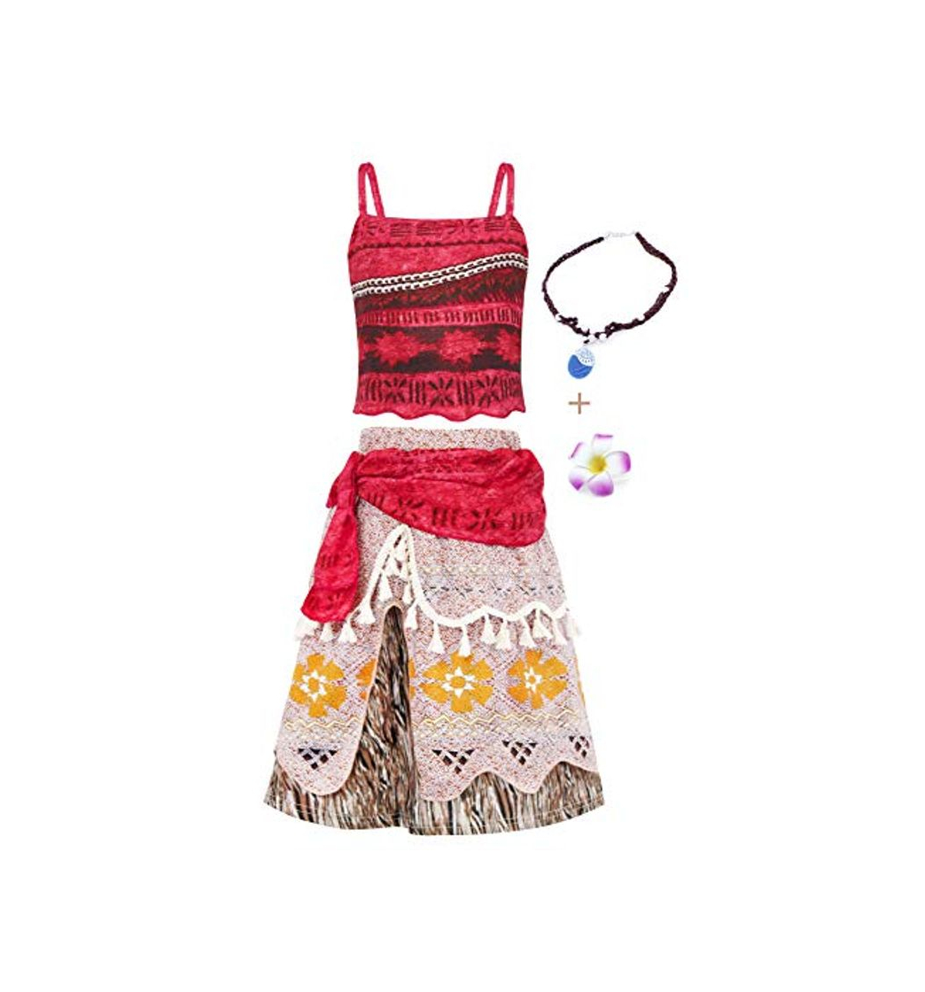 Moda Jurebecia Vestido Moana para niños Conjuntos de Aventura Conjunto para niñas Vestidos de Princesa y Diademas Adjuntas Ropa para niños con Tiras y Collar Impreso Fiesta de cumpleaños de Halloween