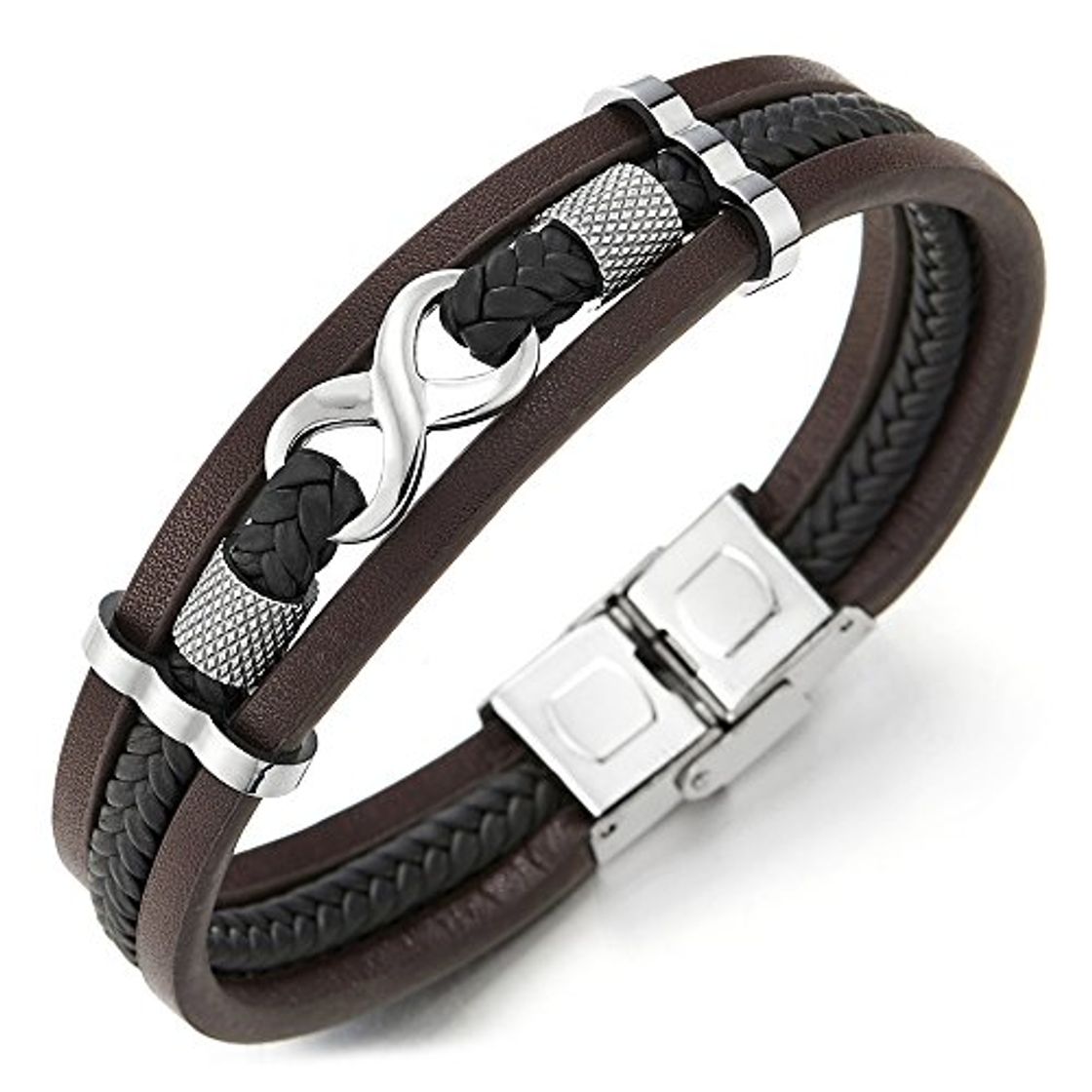 Moda COOLSTEELANDBEYOND Tres Filas Amor Infinito Número 8 Entretejido Marrón Negro Trenzado Cuero Pulsera Brazalete de Hombre de Mujer