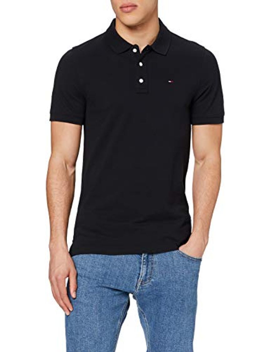 Moda Tommy Hilfiger Piqué P Camiseta Polo con Cierre de 3 Botones, Negro