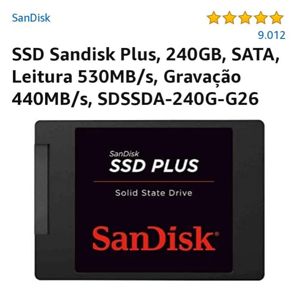 Product SSD Sandisk Plus, 240GB, SATA, Leitura 530MB