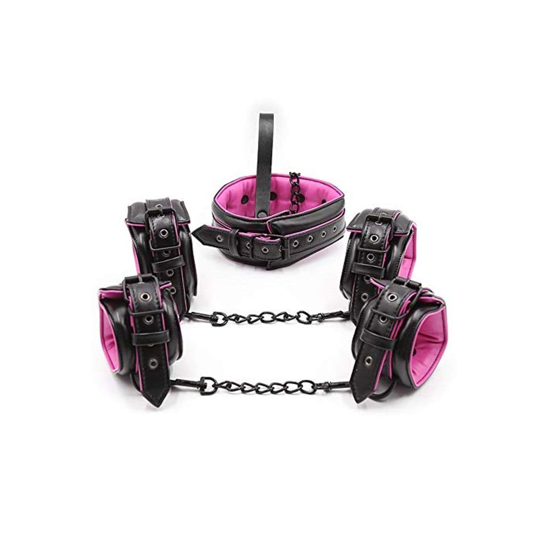 Fashion DanTanes Kit De Cuero Portátil Esposas con Esposas Grilletes Y Collar con Cadena Ajustable Negro Rosa