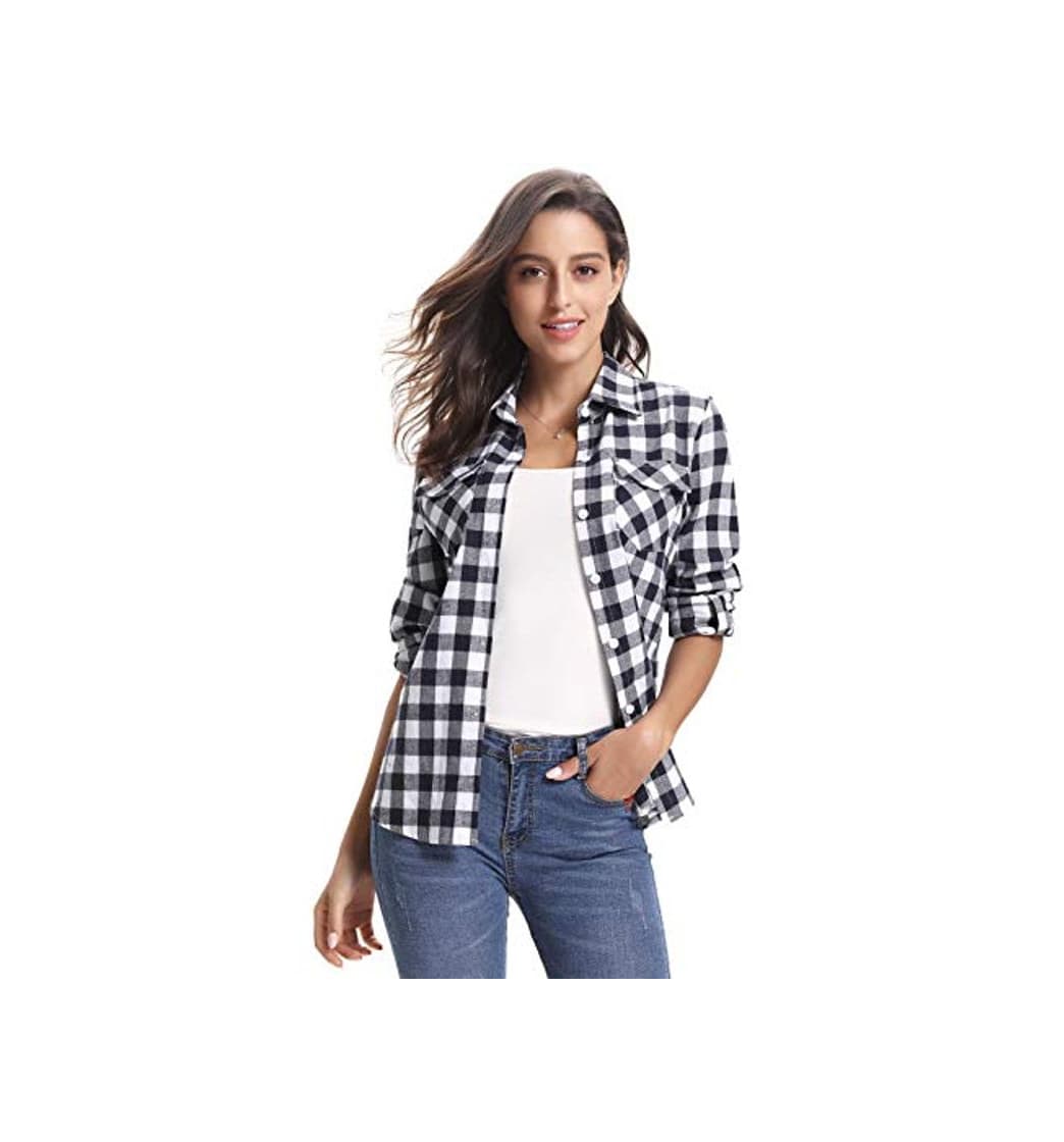 Fashion Aibrou Camisa Abotonada con Estampado de Cuadros Chaqueta de Franela de Mujer