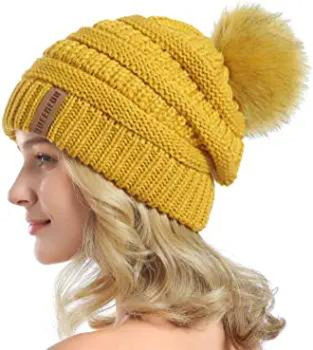 Fashion Gorro de punto para mujer con pompón de piel sintética 💛