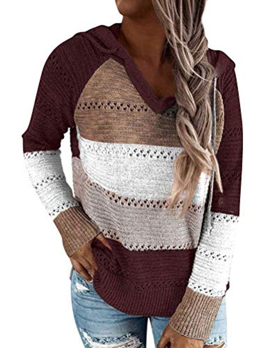 Fashion FEMLE Mujeres Cuello en V Empalme Bloque de Color Suéter Hueco con Capucha Manga Larga Top