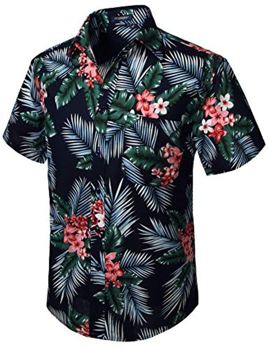 Moda HISDERN Hombres Funky Hawaiian Floral Leaf Camisas Manga Corta Bolsillo Delantero Vacaciones Verano Aloha Impreso Playa Casual Azul Marino Rosa Hawaii Camisa de Flores