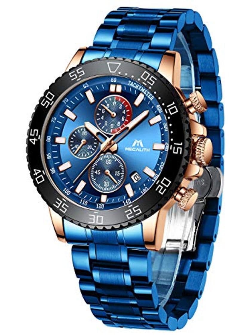 Producto MEGALITH Relojes Hombre Reloj Cronografo Elegante Azul Acero Inoxidable Luminosos Impermeable de Diseño Relojes Grandes de Pulsera Negro Deportivos Analogicos Fecha