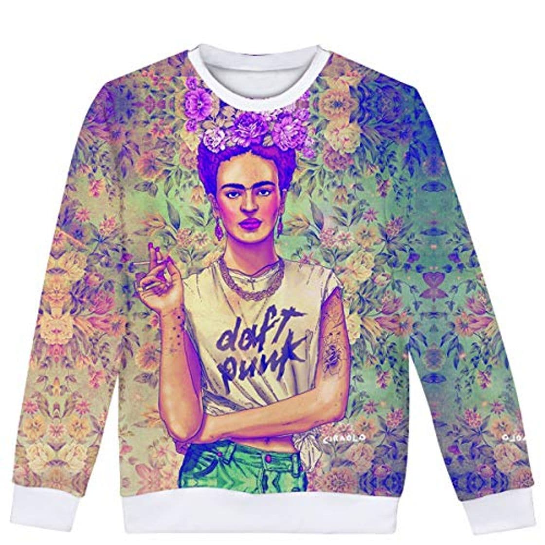 Fashion Tujryike 3D Digital Frida Kahlo Graphic Fleece Mujeres Cuello Redondo Famoso Elegante