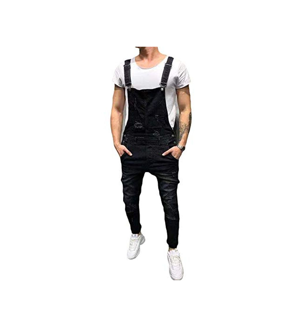 Fashion AnyuA Hombres Mono Pantalones Rotos Vaqueros Hippie Overol de Mezclilla Deportivos con Bolsillos Jeans Pantalón Overalls Negro M