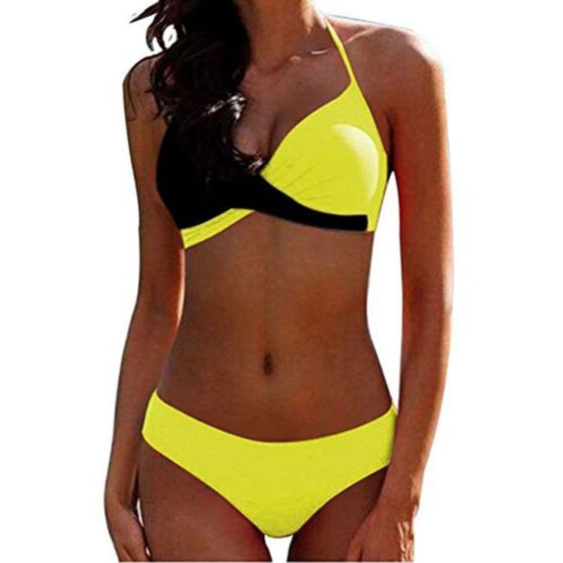 Fashion Momangel Moda Sexy Europea Y Americana De Dos Colores De Costura Cruz Bikini Traje De BañO Flip Yellow Black XXXL