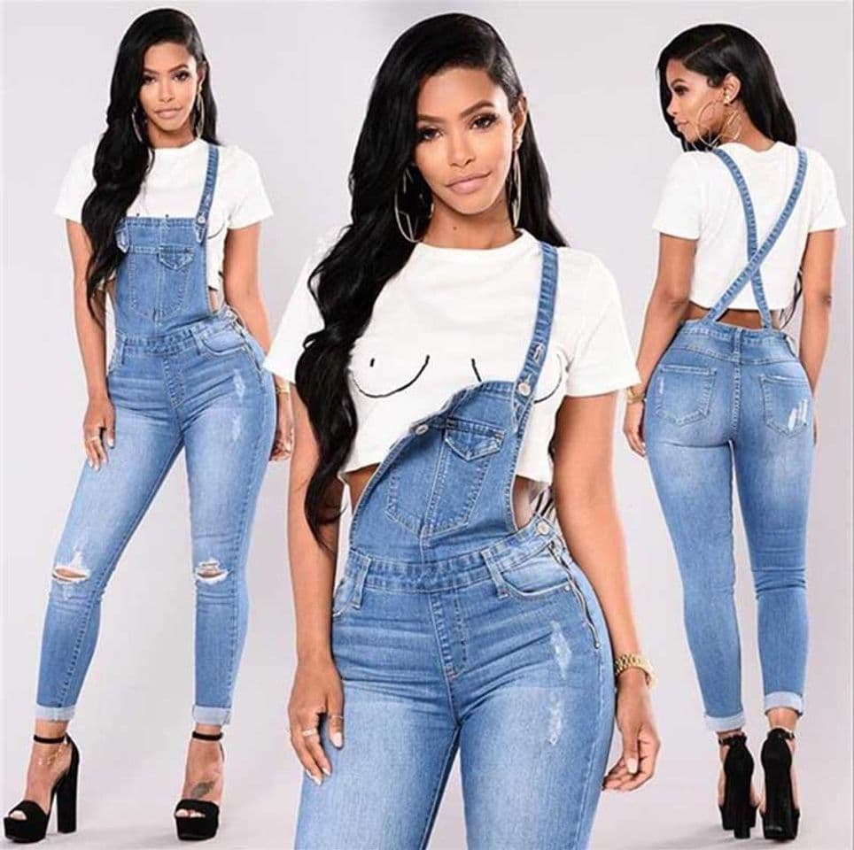 Product Overol de Mujer Jean Monos de Mezclilla sin Mangas Delgados con Agujeros Rasgados Casuales Azul M