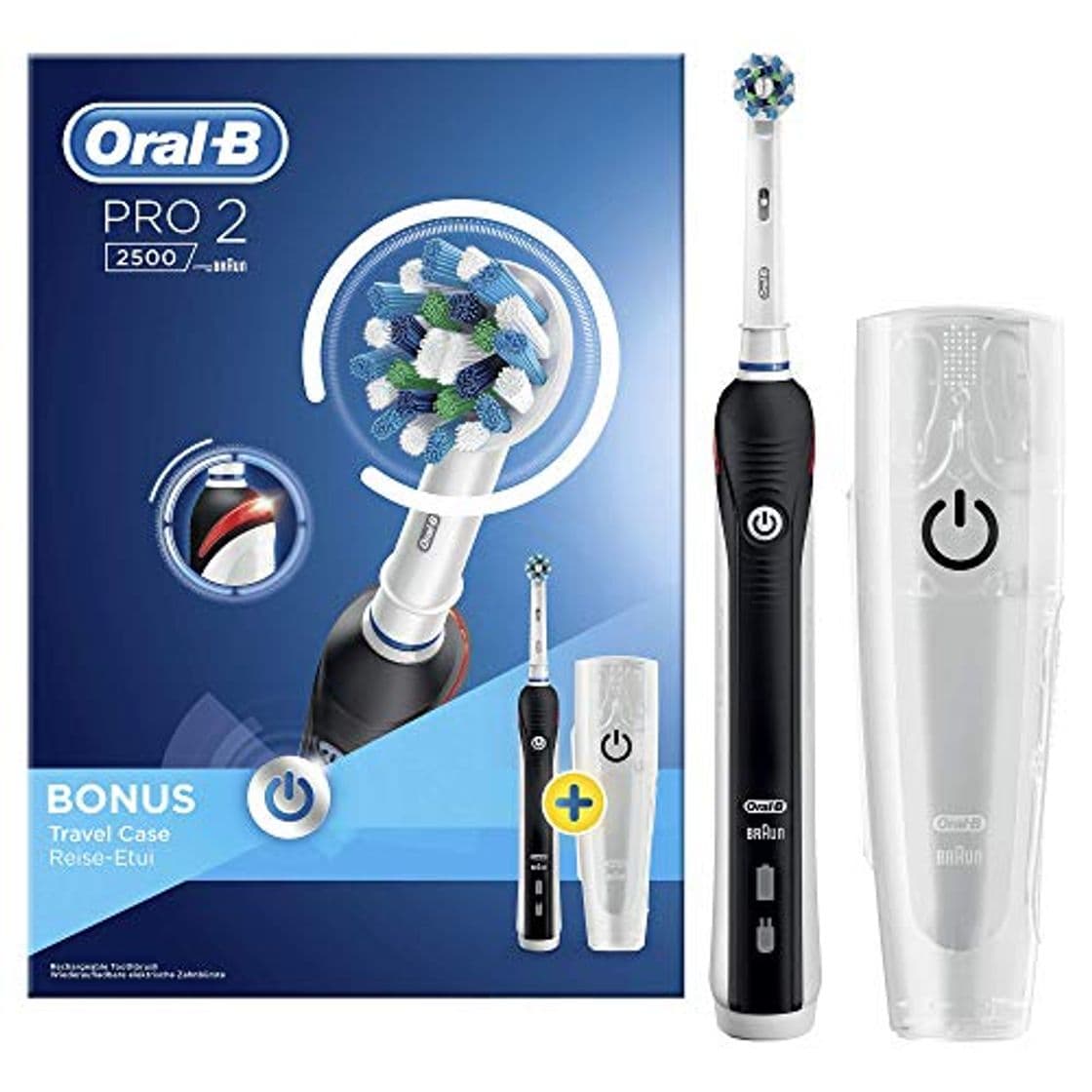 Fitness Oral-B Pro 2 2500 CrossAction - Cepillo de dientes eléctrico recargable por Braun, 1 mango negro, 2 modos don Douceur, 1 cabezal