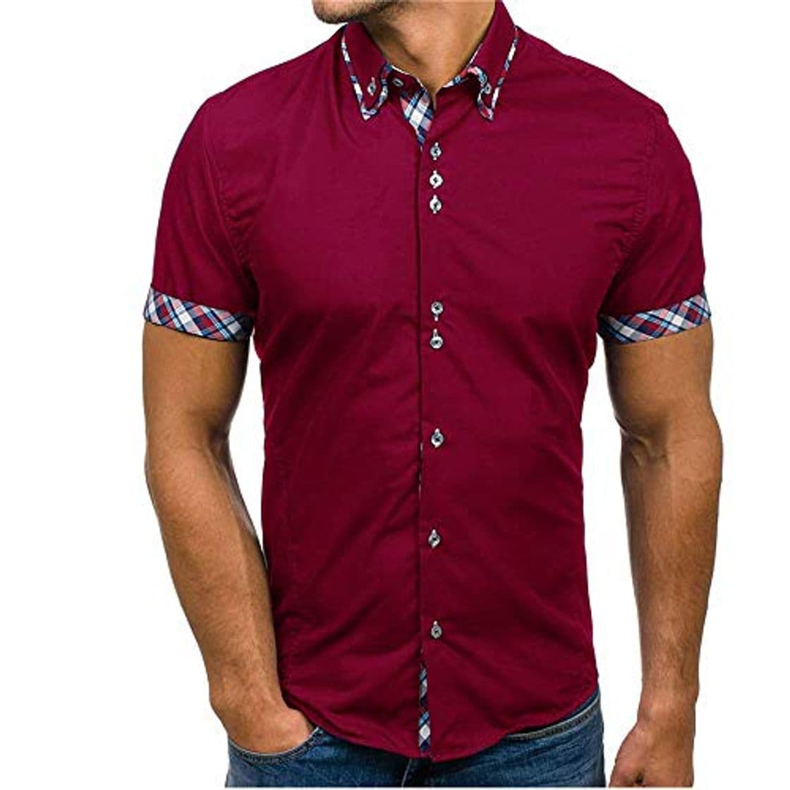 Moda JINYAUN Slim Fit Camisa Masculina Moda Hombre Business Patchwork Botón Casual Plaid Manga Corta Top Blusa cómoda Vino Tinto M