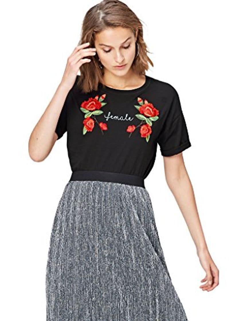 Fashion find. Camiseta con Mensaje con Cuello Redondo Mujer, Negro